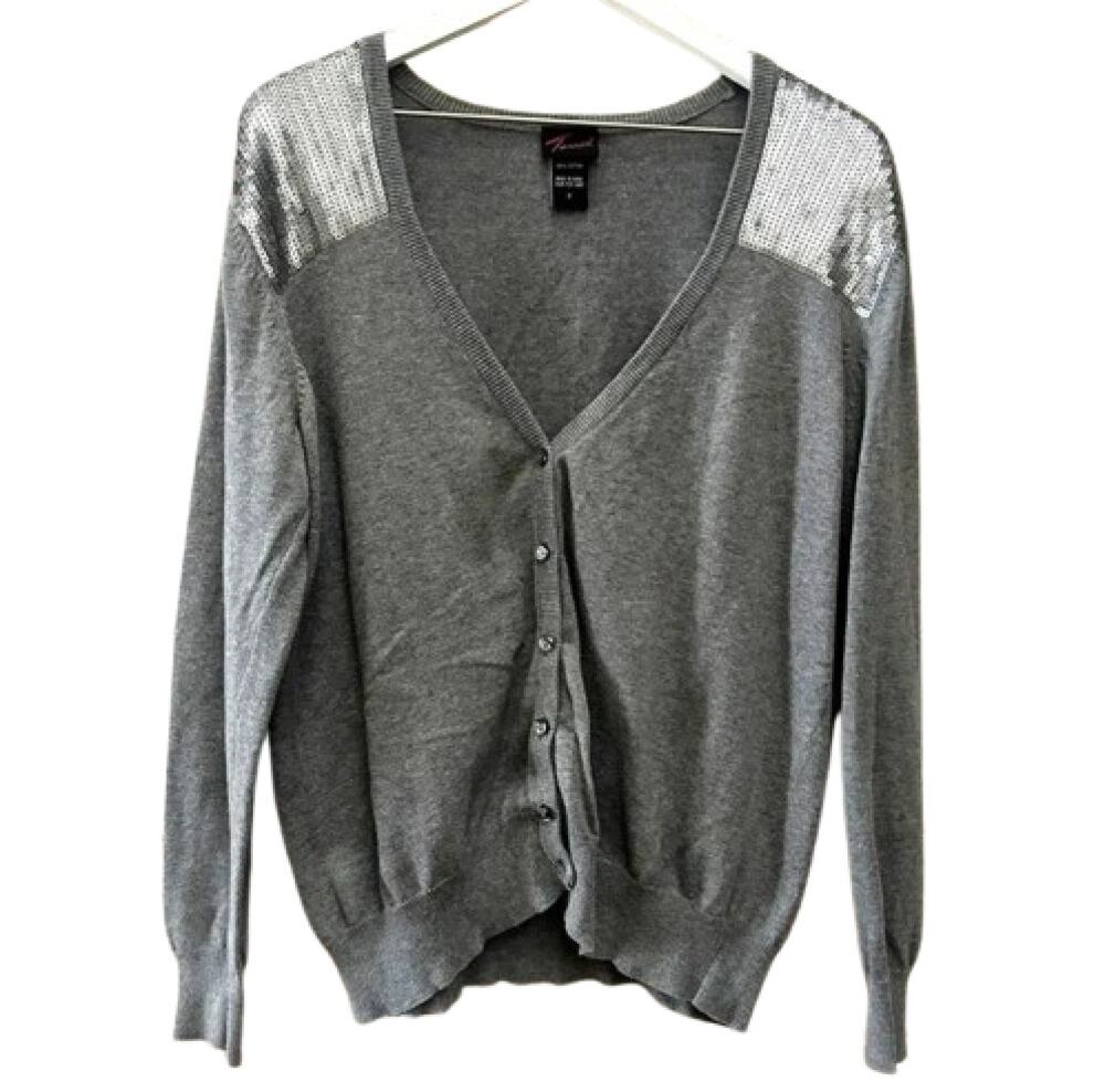 TORRID Gray V-Neck Button Front Cardigan Silver Sequin Shoulder Size 2 (2XL)